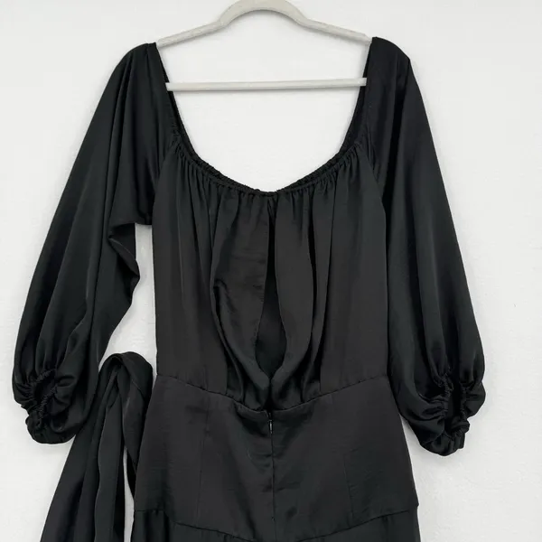 Four National Black Satin Asymmetrical Midi Dress Tie Waist Romantic Goth Size 4 - Image 4