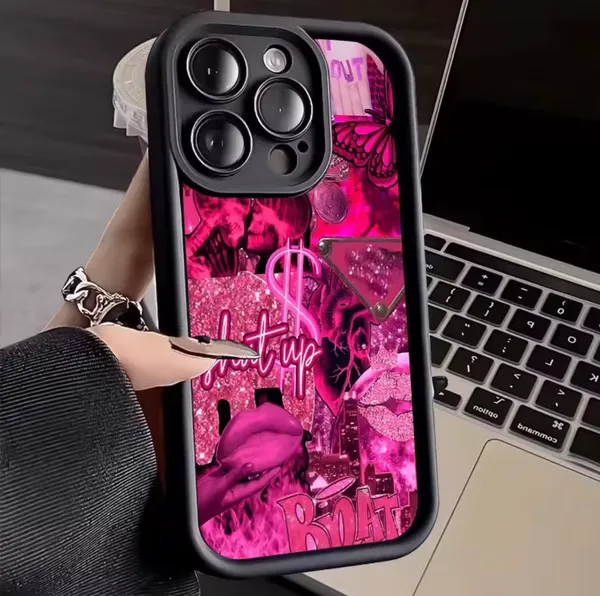 Black & Hot Pink “Level Up” Graphic Phone Case – Money & Butterfly Design – Fits Select iPhone Pro/Pro Max Models - Image 2