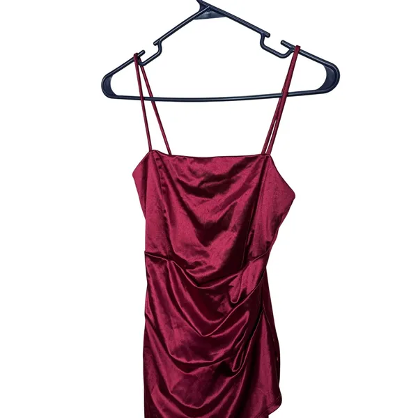 Windsor Burgundy Satin Ruched Bodycon Mini Dress Wine Red S - Image 2