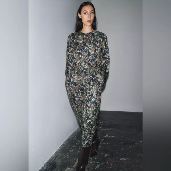 NWT Zara Chic Floral Long Sleeve Dress Midi/Maxi Side Pockets dress Size S - Image 3