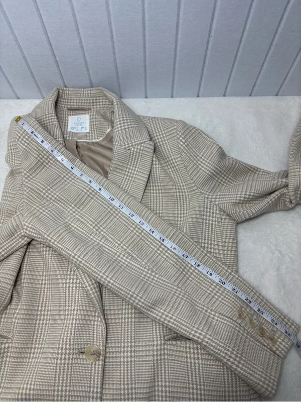 Primark Cream Plaid Long‎ Blazer Jacket Size 12 - Image 9