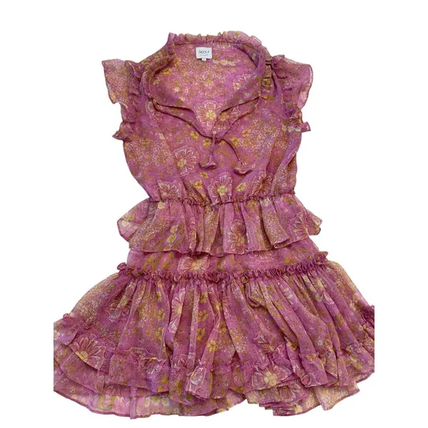 MISA Los Angeles Lilian Women's XS Pink Yellow Floral Ruffle Tiered V-Neck Mini - Image 7