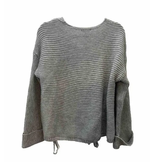 UMGEE Sweater Gray ‘All Laced Up’ Oversized Ribbed Tie Sides V-neck Large Boho - Image 2