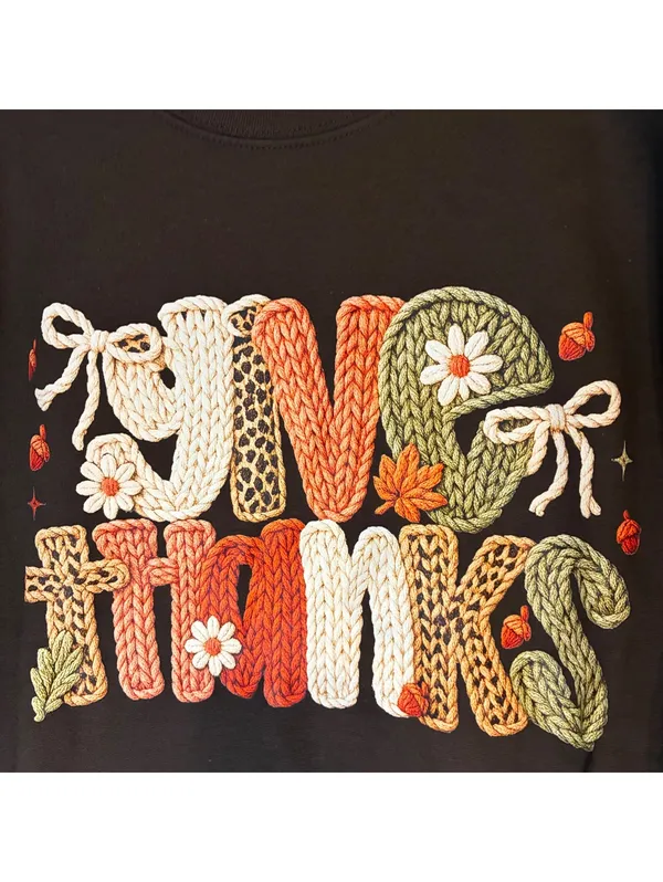 Womens XL Thanksgiving Brown Sweatshirt Give Thanks Coquette Faux Knit Graphic - Image 3