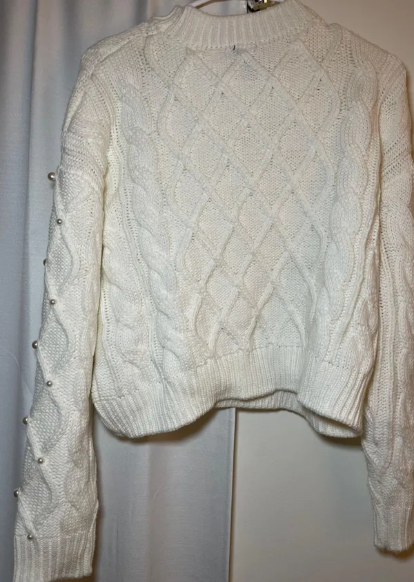 Pearl Embellished White Long Sleeve Sweater - Image 2