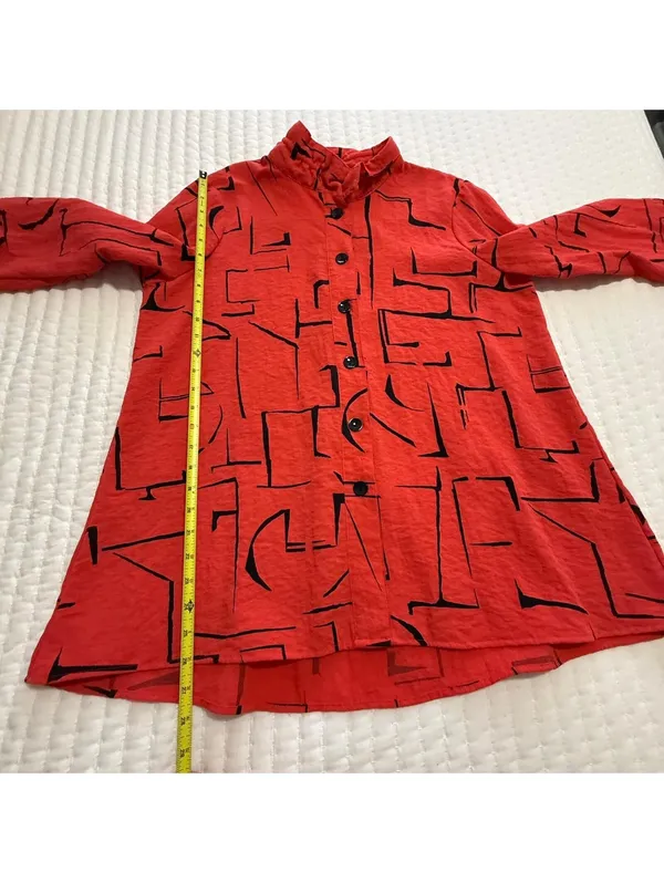 Ali Miles Coral Red Button Up Tunic Shirt Top Sz L Large Wire Collar Lagenlook - Image 2