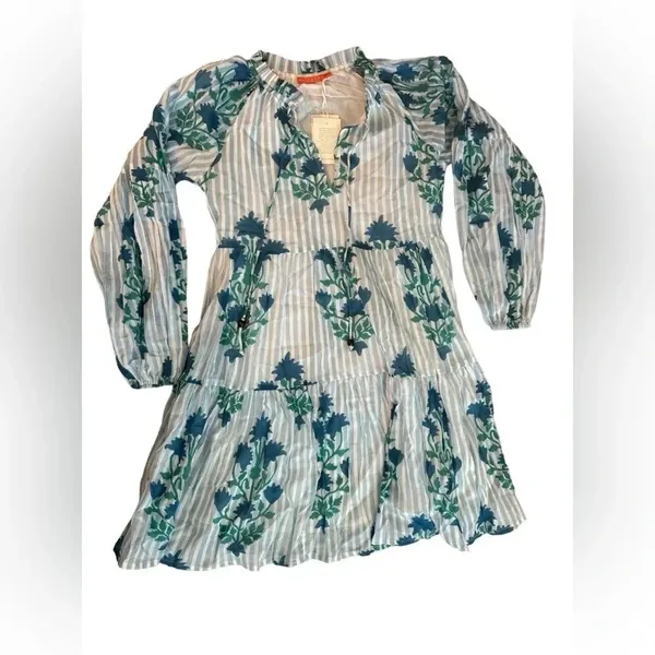 💃🏻Oliphant Blue Floral Balloon Sleeve Dress XS NWT Striped Boho‎ Resort Mini👗 - Image 3