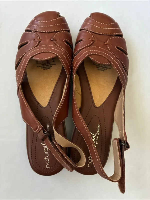 Naturalizer Brown Leather Slingback Sandals with Stitch Detail - Image 8