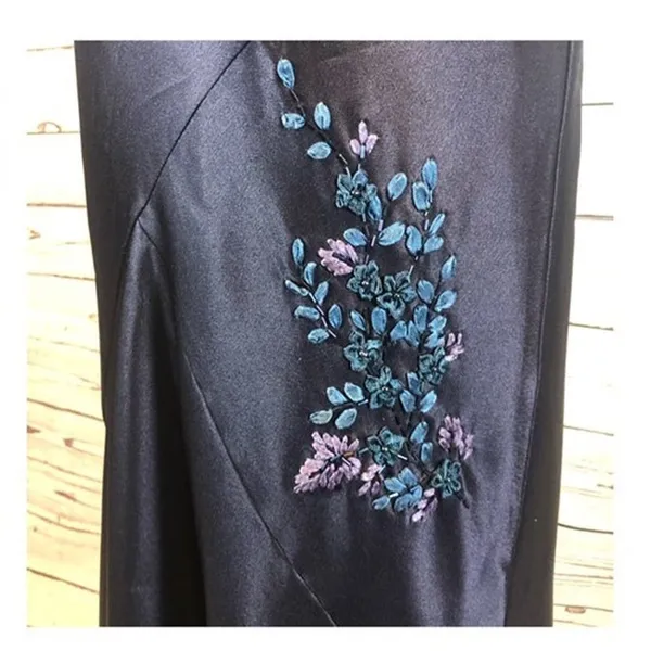 Y2K Alex Evenings navy beaded slip cowl neck floral satin formal Gown small - Image 15