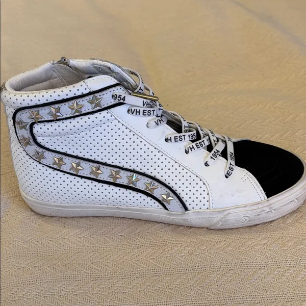 Vintage Havana White and Black High-Top Sneakers shoes with black suede toe 10 - Image 3