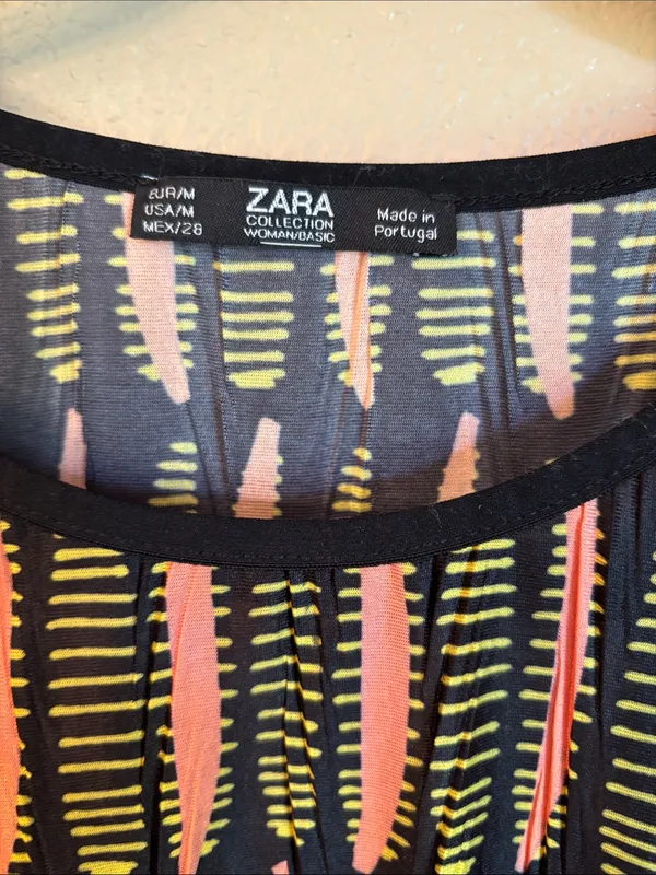Zara MEDIUM Boho Tunic Top Sleeveless Blouse Black Coral Patterned Ruffle Hem - Image 3