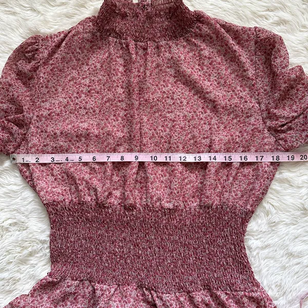 Bardot Dress Georgette Soft Floral Tiered Shirred Mini Long Sleeve Pink M - Image 11