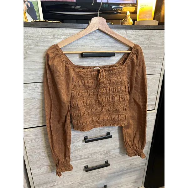 American Eagle Smocked Crop Top Brown Long Sleeve Square Neck Blouse Medium - Image 2