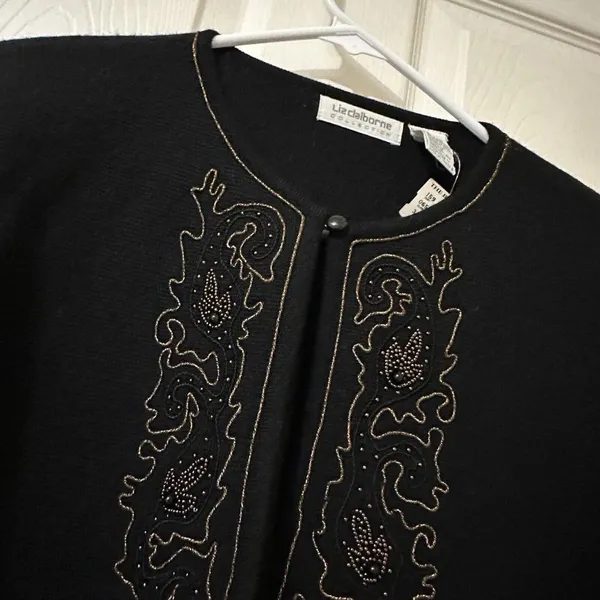 Vintage Black 100% Merino Wool Cardigan Sweater Sz M Medium Beaded - Image 10