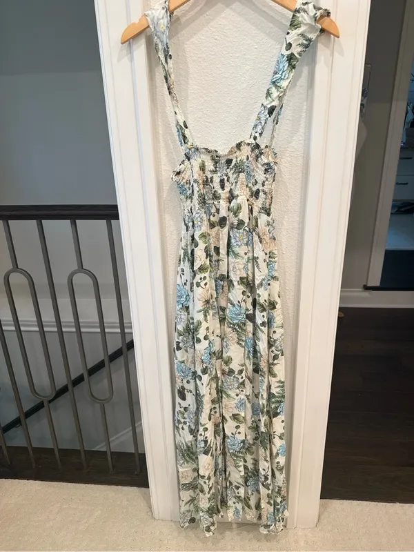 Agua Bendita Floral Smocked Maxi Dress Blue Green Size Small - Image 2