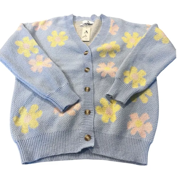 AZ Floral Cardigan Sweater Women L/XL Blue Pastel Cottagecore Fuzzy Button Front - Image 3