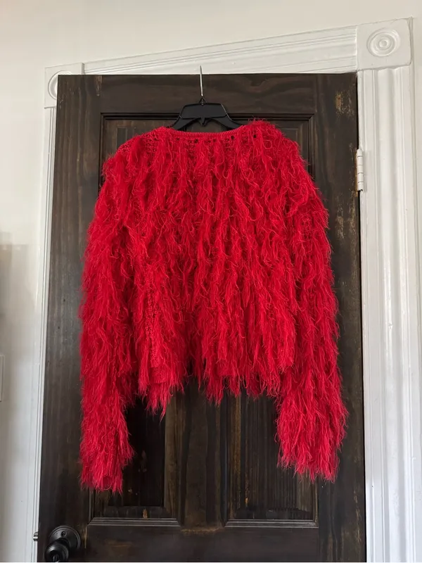 Bold Red Faux-Fur Shaggy Cardigan Sweater - Image 4