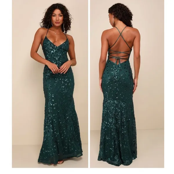 Lulus Photo Finish Forest Green Sequin Lace-Up Maxi Dress Size XL Formal Glam - Image 2