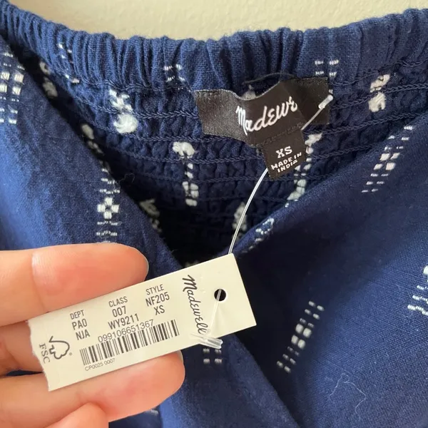 Madewell Sz M Jacquard Navy Puff Short Sleeve Cropped Top Blouse V Neck Pullover - Image 5
