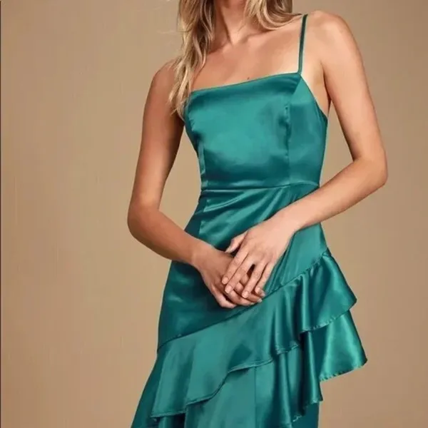 Lulus Yori Teal Green Satin‎ Ruffled High-Low Maxi Dress medium - Image 4