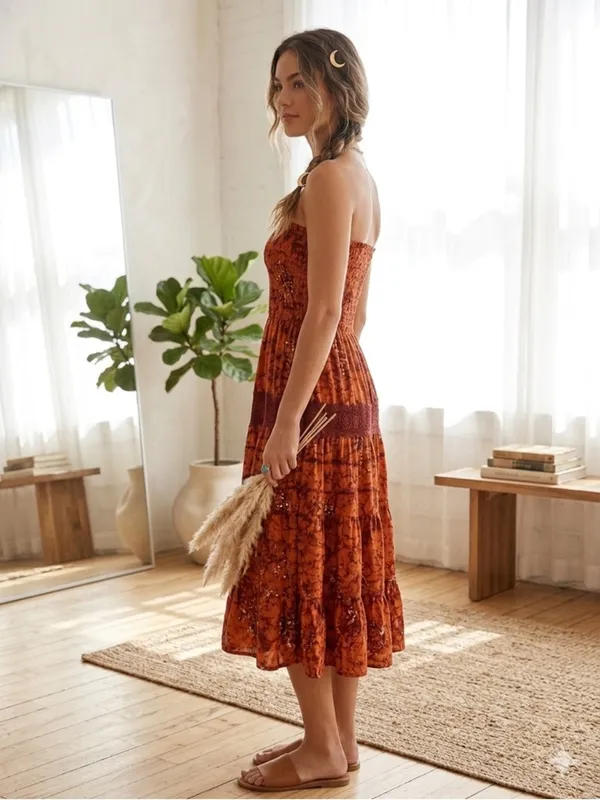 S'Cool Boho Batik Strapless Smocked Maxi Dress Rust Orange Cotton Tiered - Image 2