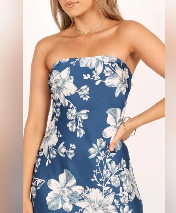 Petal + Pup Gemma Strapless Satin Maxi Dress Blue White Floral Size Large - Image 6