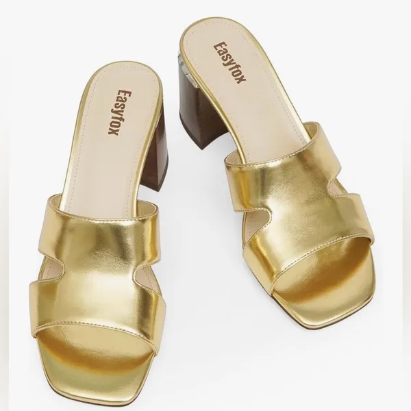 NEW Gold Vegan Leather Open Toe Heeled Mules Chunky Heel Sandals 6 - Image 2
