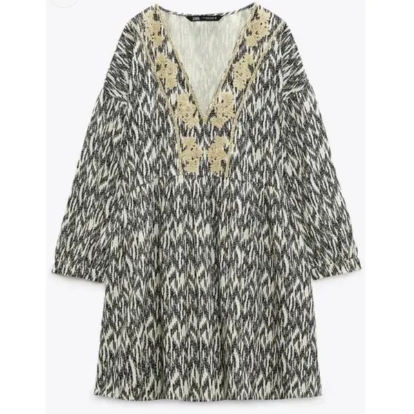 Zara Mini Dress Womens Medium‎ Black White Boho Embroidered V-Neck Ikat Babydoll - Image 2