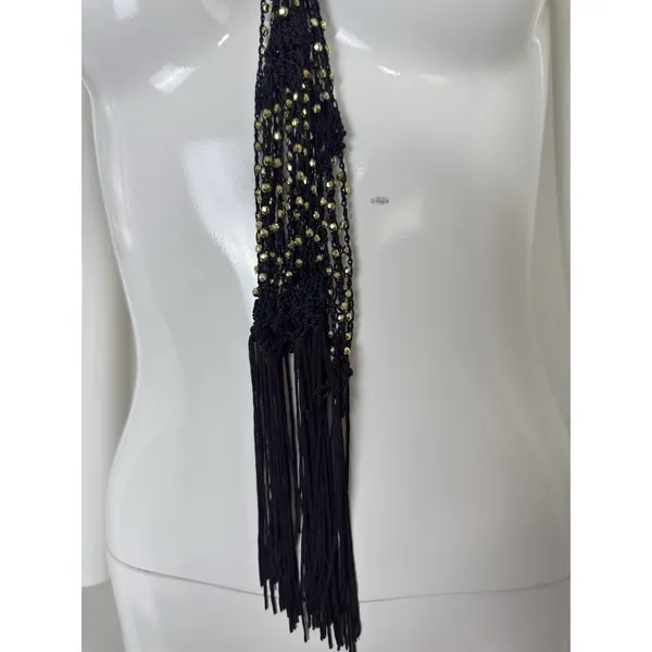 Women’s Black Crocheted Gold Bead Fringe Necklace Scarf Belt 72x2 - Image 7