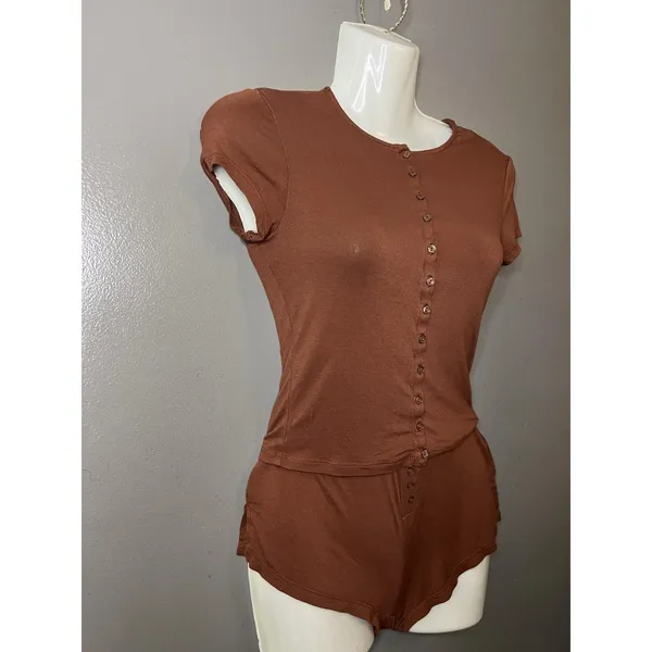 Out From Under Pajama Set Womens XXS Brown Jersey Button Front Top Shorts Lounge - Image 3