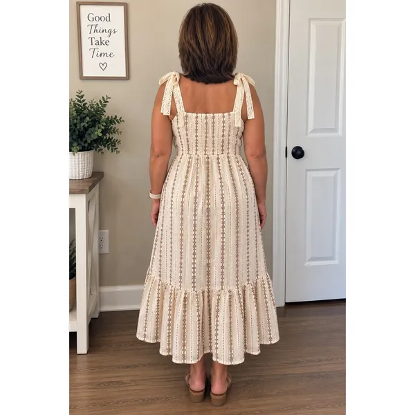 Cream Floral Cotton Maxi Dress Lace Tie Cottagecore Tiered Ruffle M - Image 4