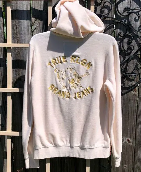 True Religion velour Cream Full zip up hoodie Sweatshirt M - Image 2