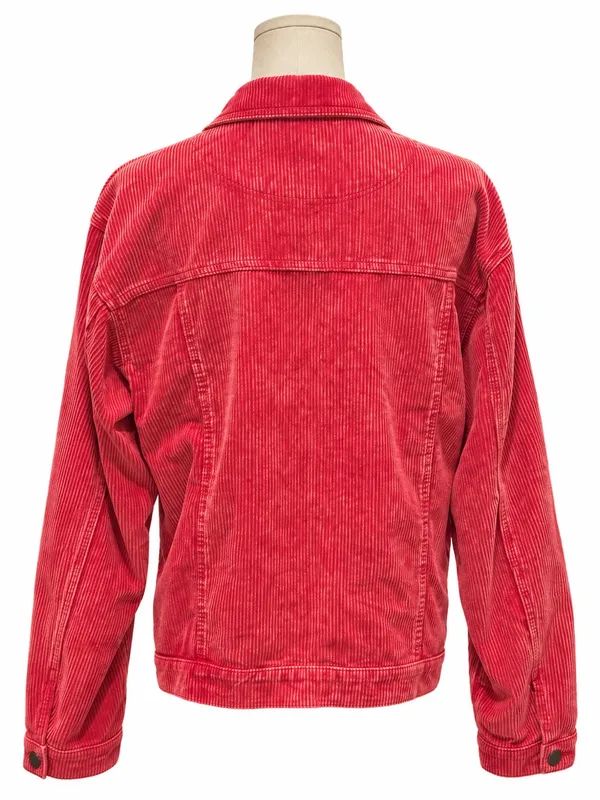 POL Red Corduroy Trucker Jacket Medium Distressed Raw Hem Boho - Image 3