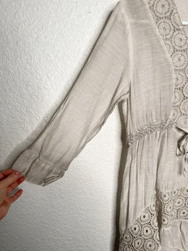 Saga Boho Tunic Dress Light Taupe Crochet Lace Handkerchief Hem Size M - Image 4