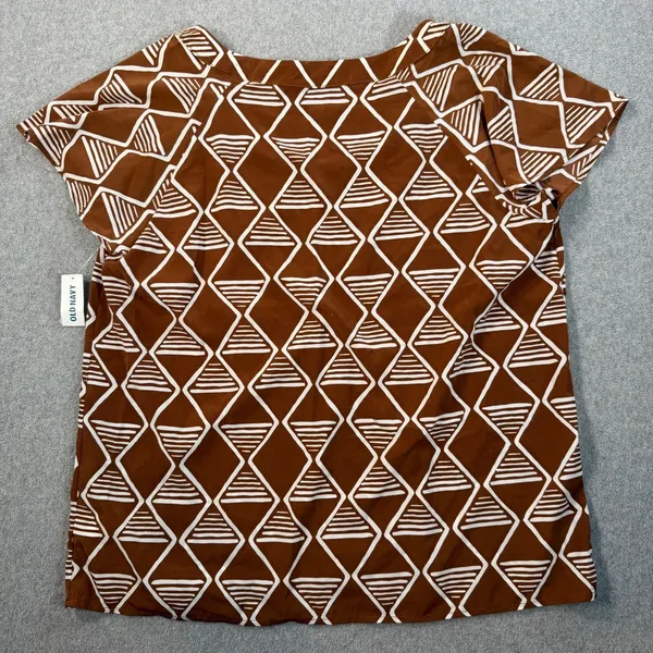 Old Navy Women's Large Brown White Geometric Pattern Short Sleeve Blouse Top - Image 10