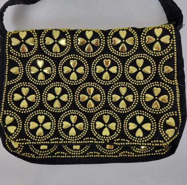 Vintage Retro Womens Bag Black Gold Beaded Studded Corduroy Purse Hong Kong - Image 12