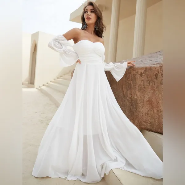 White Off Shoulder Flounce Sleeve Ruched‎ Chiffon Maxi Dress Size Small - Image 2