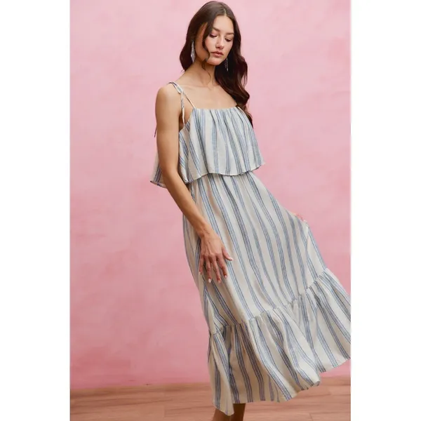 SO ME Stripe Tiered Shoulder Tie Midi Lined Dress - Medium - Image 9