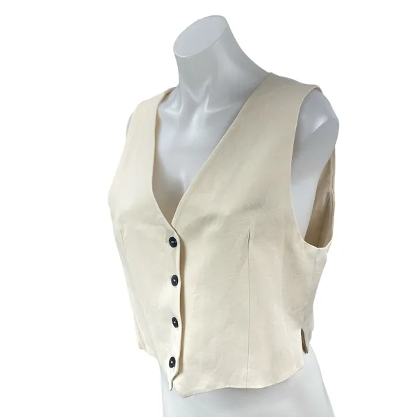 Zara Beige Sleeveless Knit V Neck Button Down Vest Shirt Blouse Crop Top Size L - Image 3