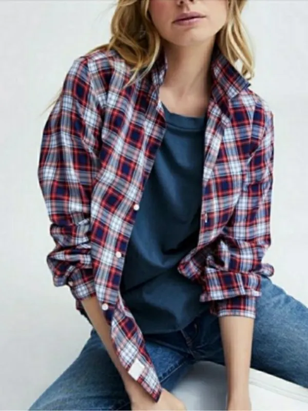 Frank & Eileen "Barry" Fitted Cotton Red/Navy Plaid Button Down Shirt  Medium - Image 2