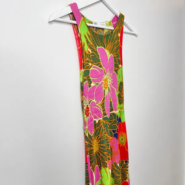 Zara Floral Special Edition Printed Maxi Dress Sleeveless Pink Green Red Small - Image 7