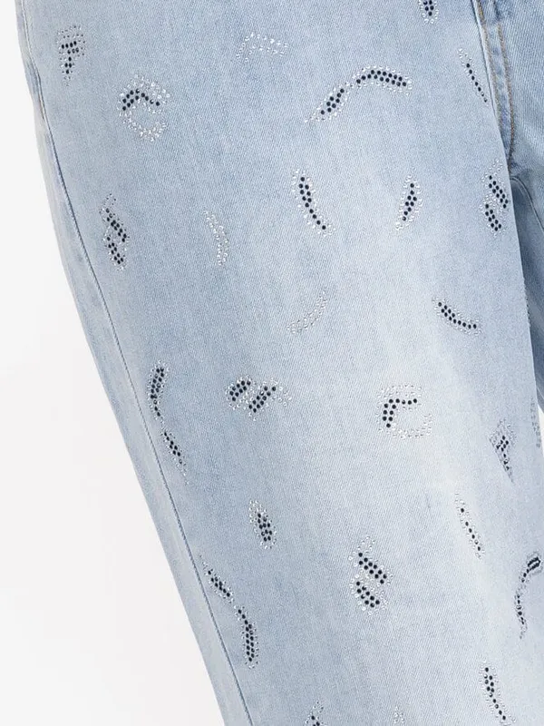 Nordstrom WOMEN'S BUTTON CLOSURE POCKETS RHINESTONES BELTED WIDE LEG DENIM PANTS - Image 3