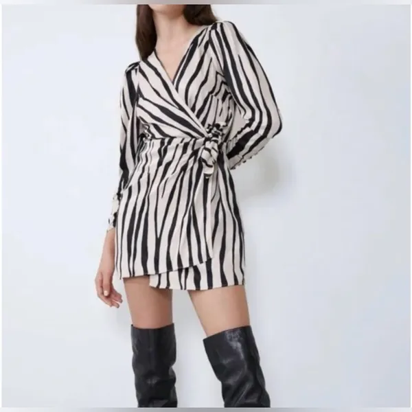 ZARA Zebra Print Satin Wrap Mini Dress w/‎ Tie Ruched Cuffs Black & Ecru Medium - Image 4