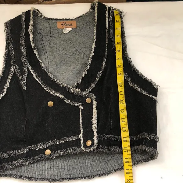 RARE Y2K Gothic Grunge Punk Rock Black Grey Sleeveless Denim Jean Vest Jacket Shirt Top Frayed Distressed Hem V-Neck Fitted Cropped 100% Cotton Size L - Image 5