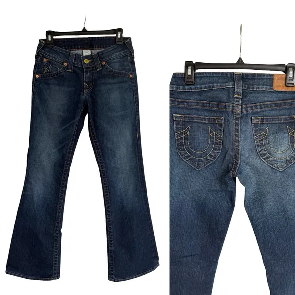 True Religion Y2K Horse Shoe Back Pocket Bootcut Flare Jeans 28 Blue Low Rise - Image 2