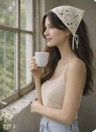 Boho Crochet Triangle Head Scarf Bandana Ivory Tie Back - Image 14