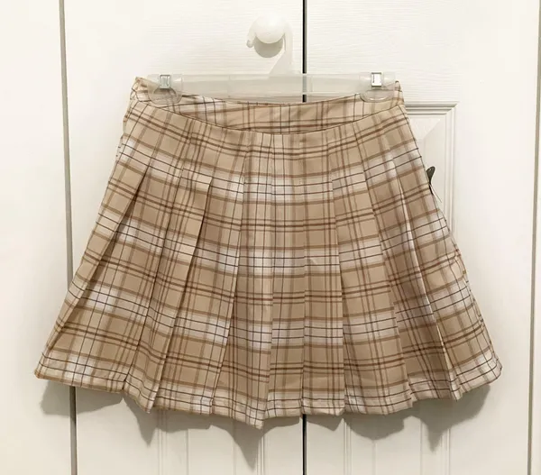 Plaid Pleated Mini Skirt Tan - Image 3
