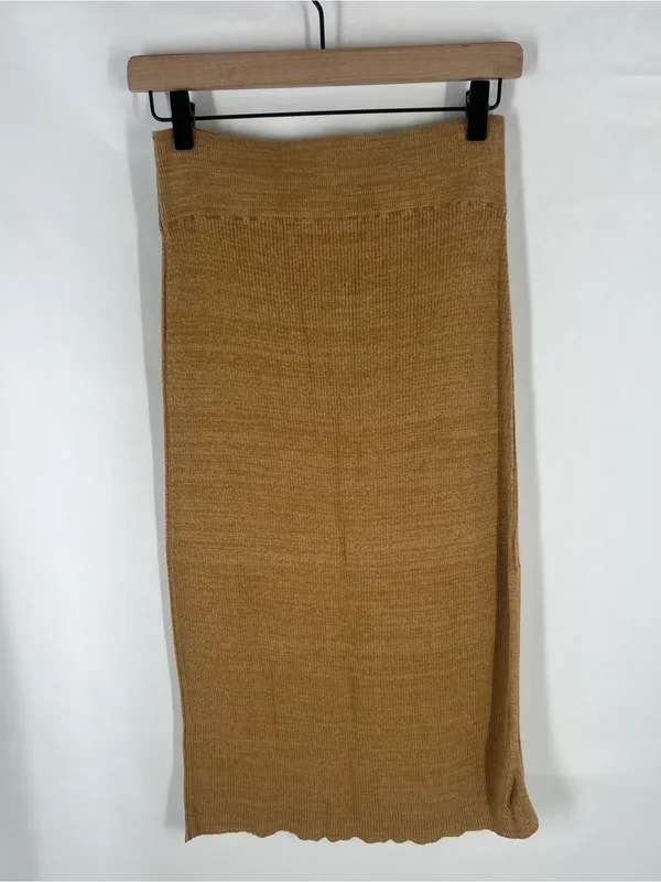 Free People Golden Hour Midi Skirt Small Golden Brown Ribbed Knit Side Slit - Image 5