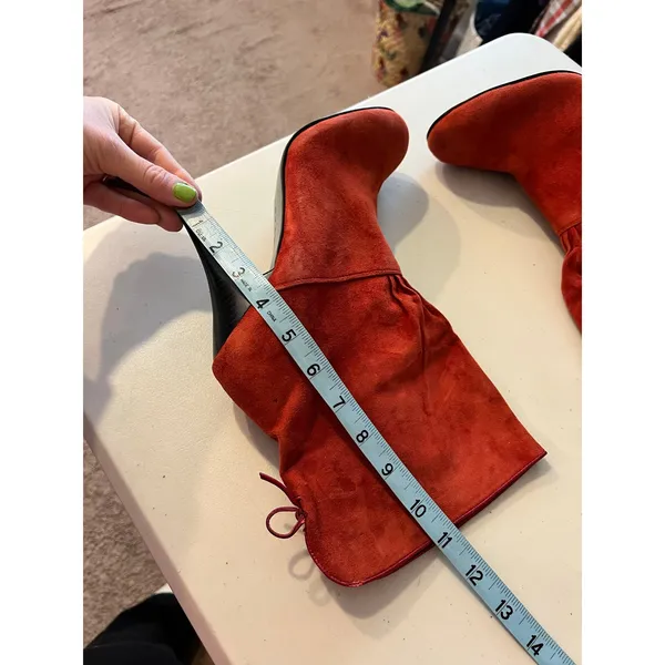 Red Soft Suede Slouchy Heeled Boots Mid Calf Bow Tie Pull On Size 9.5 Rampage - Image 2