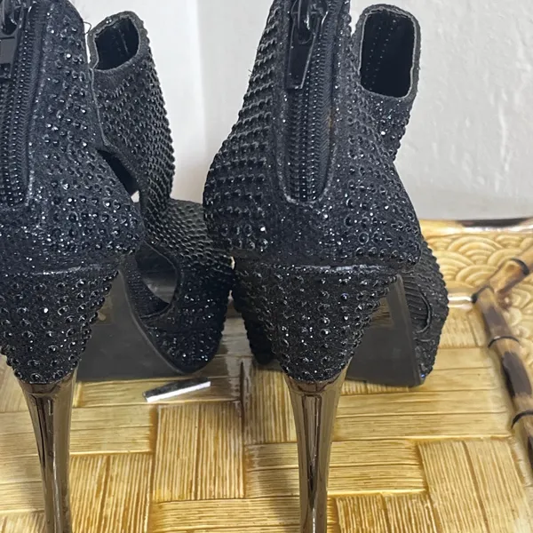 Pierre Dumas Black Crystal Peep-Toe Heels - Image 6